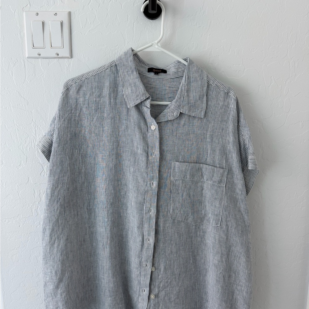 Quince Women's Striped Blue and White Button Down Shirt